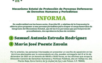 ELIGEN A INTEGRANTES PARA EL MECANISMO DE PROTECCIÓN A DEFENSORES DE DERECHOS HUMANOS Y PERIODISTAS