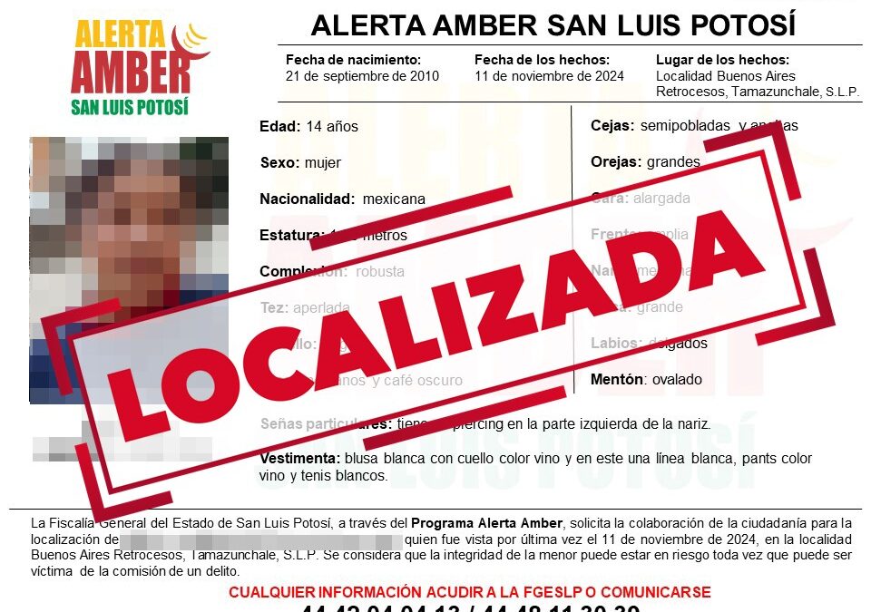 FGESLP LOGRA LOCALIZACIÓN DE MENOR DE TAMAZUNCHALE CON ALERTA AMBER